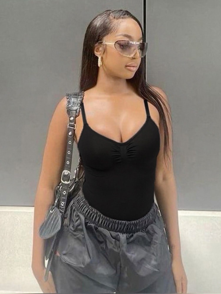 Womens Shirred Bodysuit Spaghetti Strap Camisole Top for Casual Vacation Style
