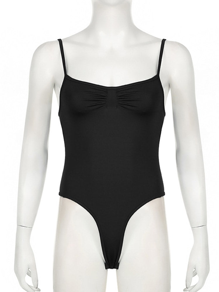 Womens Shirred Bodysuit Spaghetti Strap Camisole Top for Casual Vacation Style