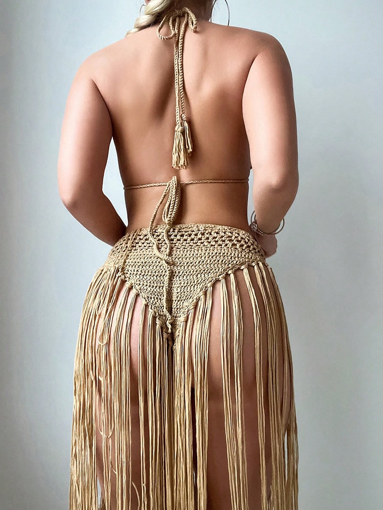 Floral Crochet Bikini Set with High Waist Tassel Cover Up Boho Beach Swimsuit