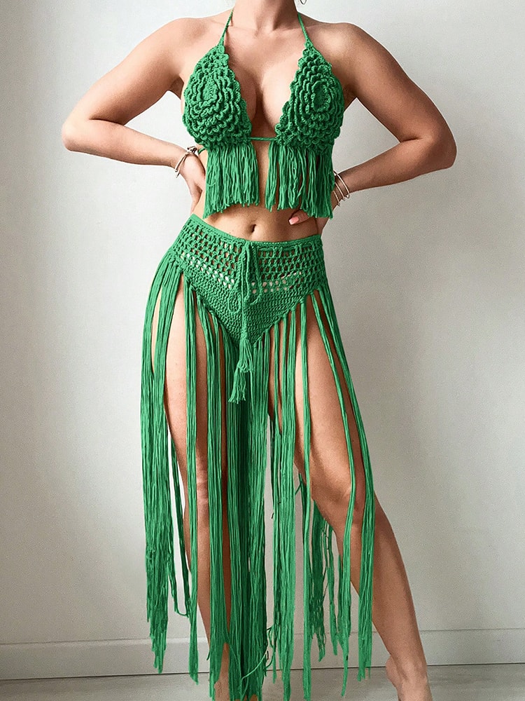 Floral Crochet Bikini Set with High Waist Tassel Cover Up Boho Beach Swimsuit