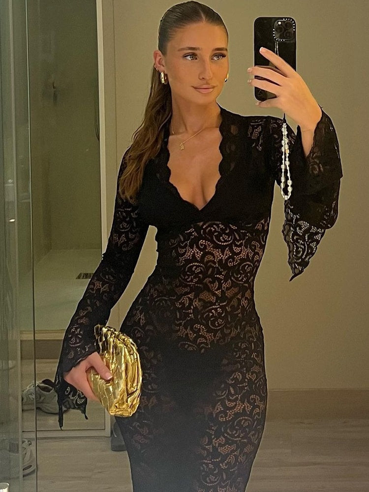Floral Print Mesh Long Flare Sleeve Maxi Dress