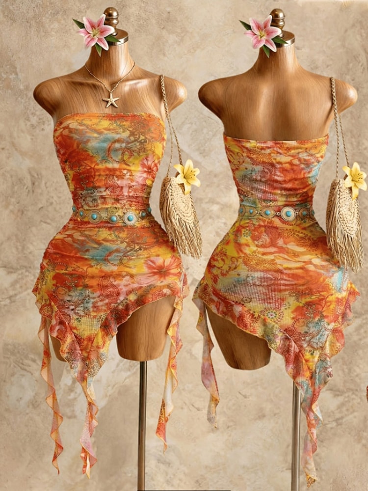 Summer Dress for Women Strapless Asymmetrical Printed Mini Dress