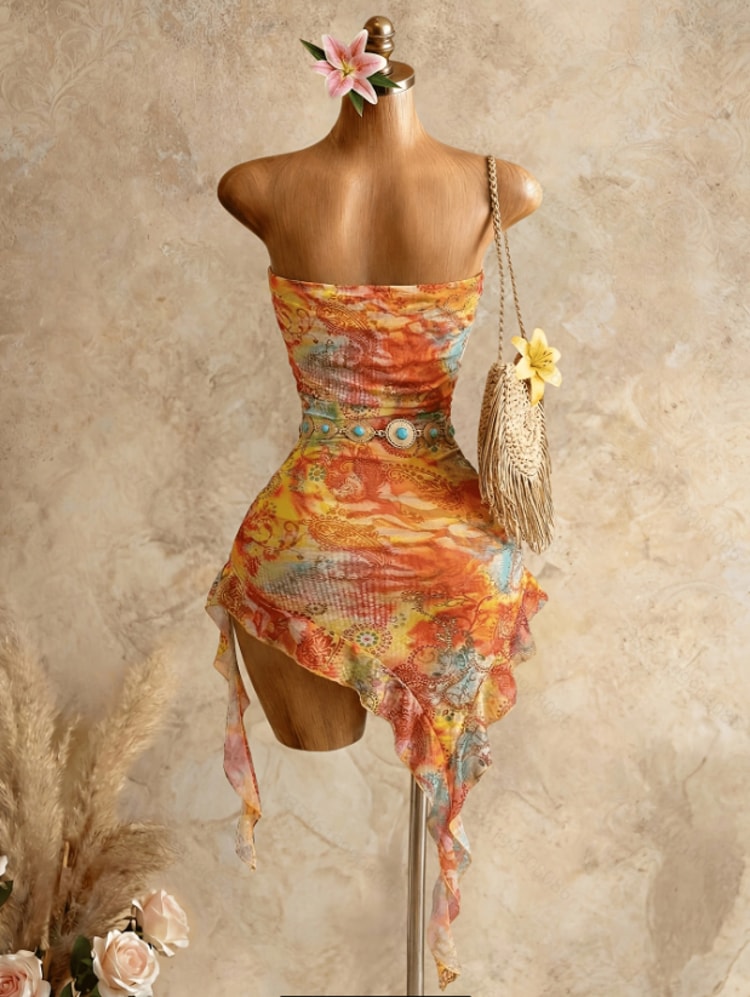 Summer Dress for Women Strapless Asymmetrical Printed Mini Dress