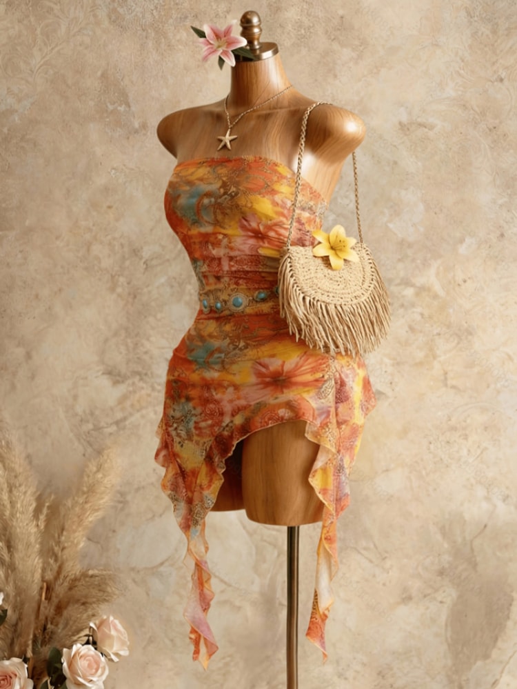 Summer Dress for Women Strapless Asymmetrical Printed Mini Dress