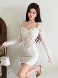 Nibber Elegant Lace Stitching Fishbone Bodycon Mini Dress