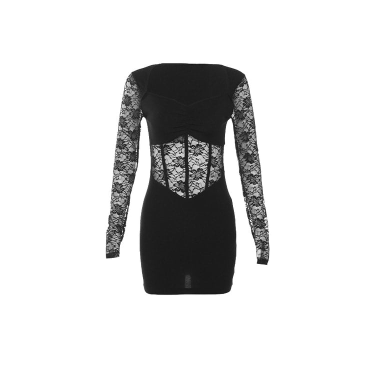 Nibber Elegant Lace Stitching Fishbone Bodycon Mini Dress