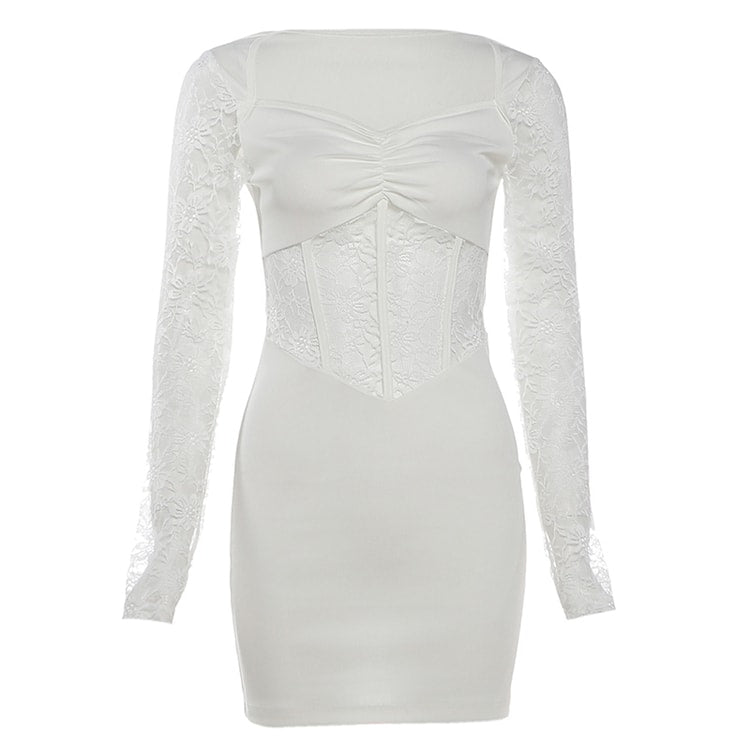 Nibber Elegant Lace Stitching Fishbone Bodycon Mini Dress