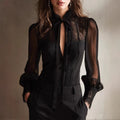 French Romance Lace Up Bow Blouse Elegant Sheer Lace Long Sleeve Slim Fit Top