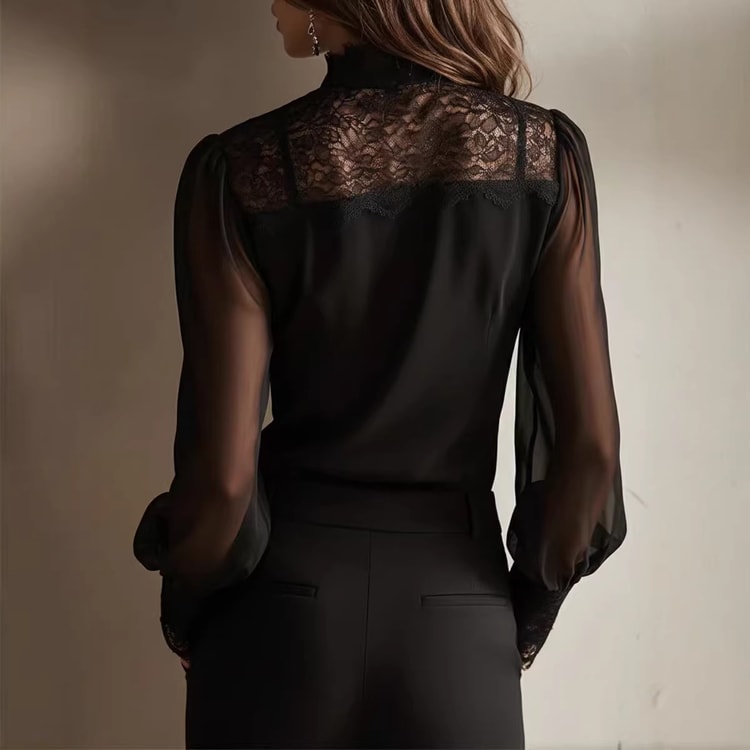 French Romance Lace Up Bow Blouse Elegant Sheer Lace Long Sleeve Slim Fit Top