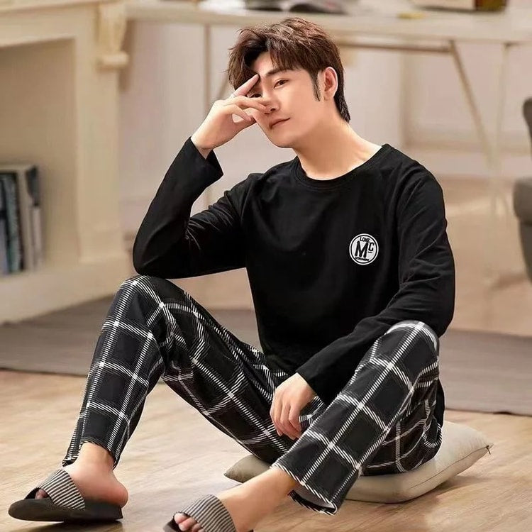 Men Striped Long Sleeve Pajama Set Spring Winter