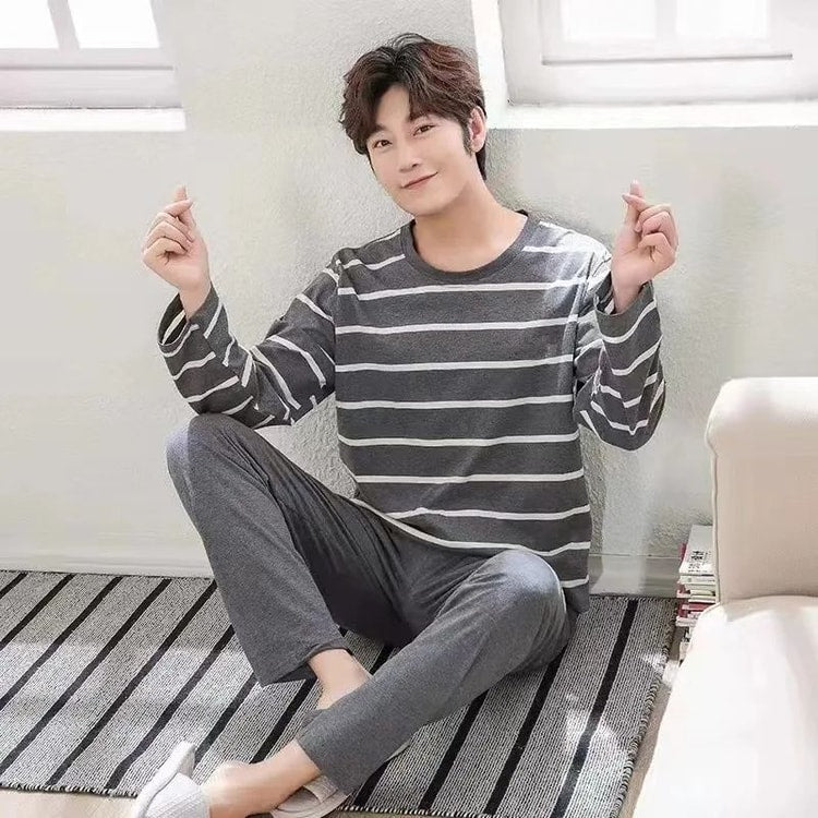 Men Striped Long Sleeve Pajama Set Spring Winter