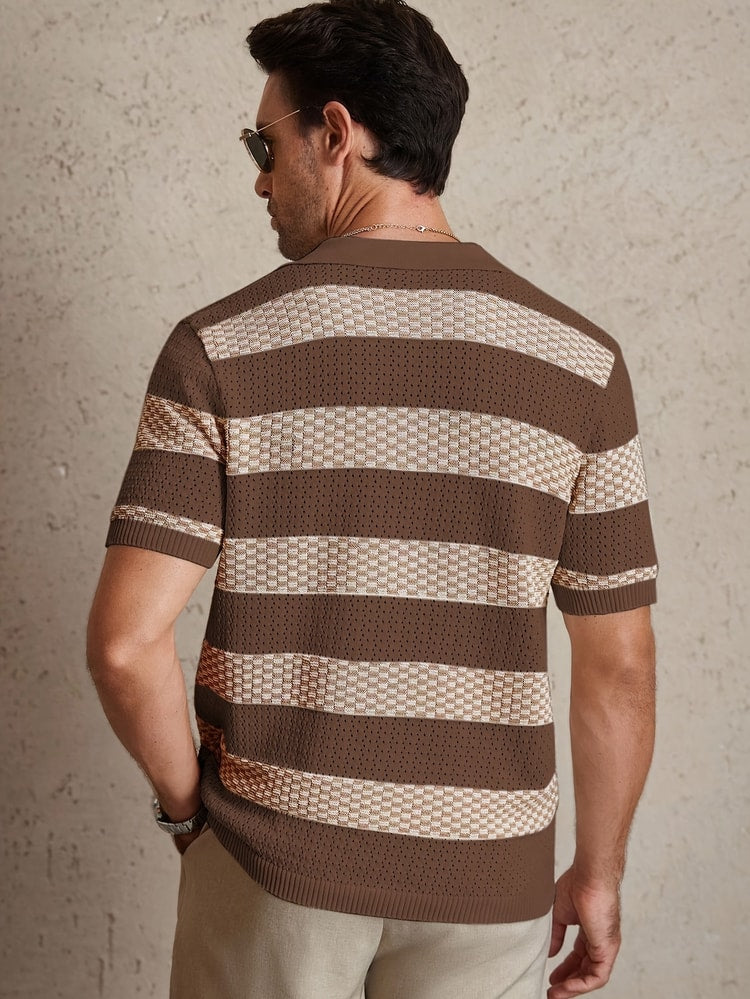 Men's Knitted Polo Shirt Vintage Striped Breathable Summer Pullover