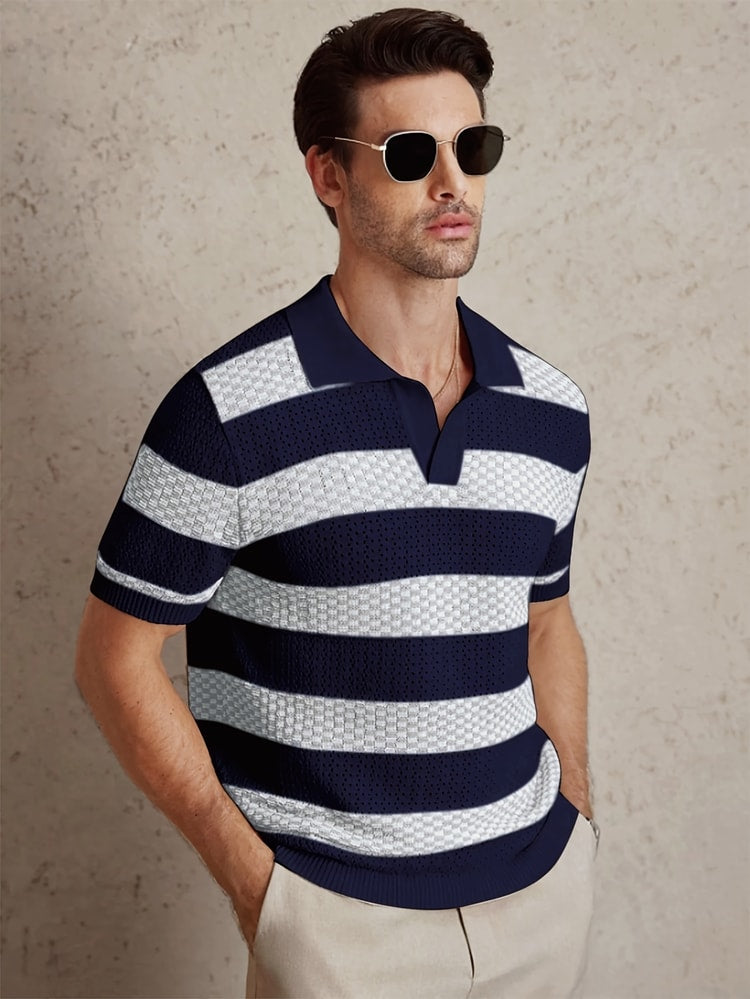 Men's Knitted Polo Shirt Vintage Striped Breathable Summer Pullover
