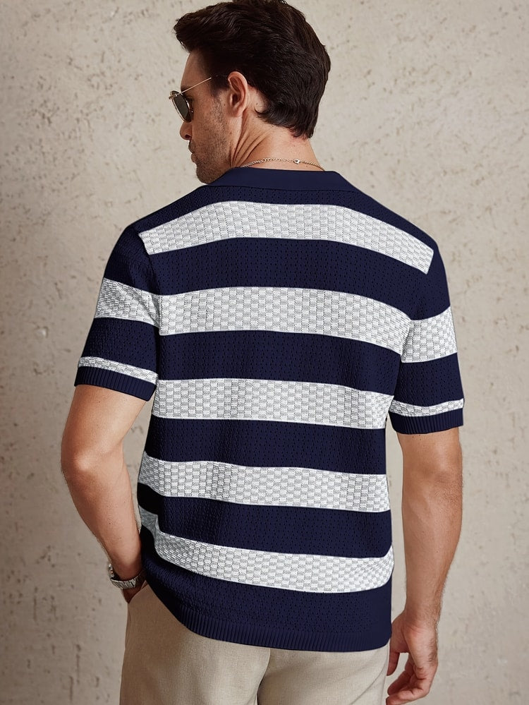 Men's Knitted Polo Shirt Vintage Striped Breathable Summer Pullover