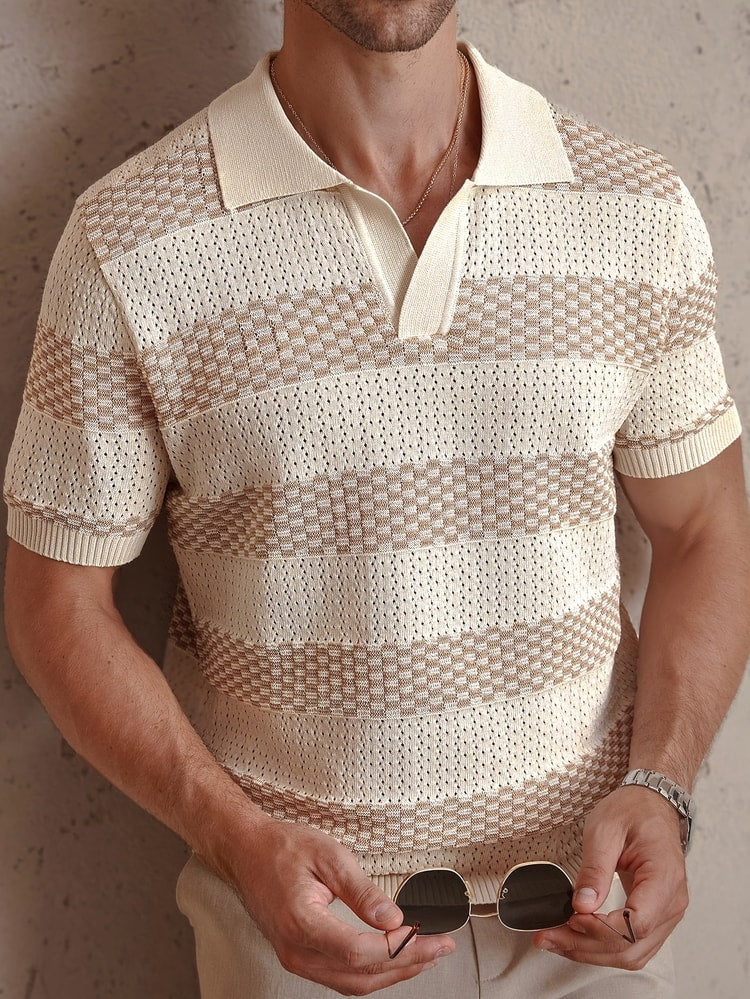 Men's Knitted Polo Shirt Vintage Striped Breathable Summer Pullover
