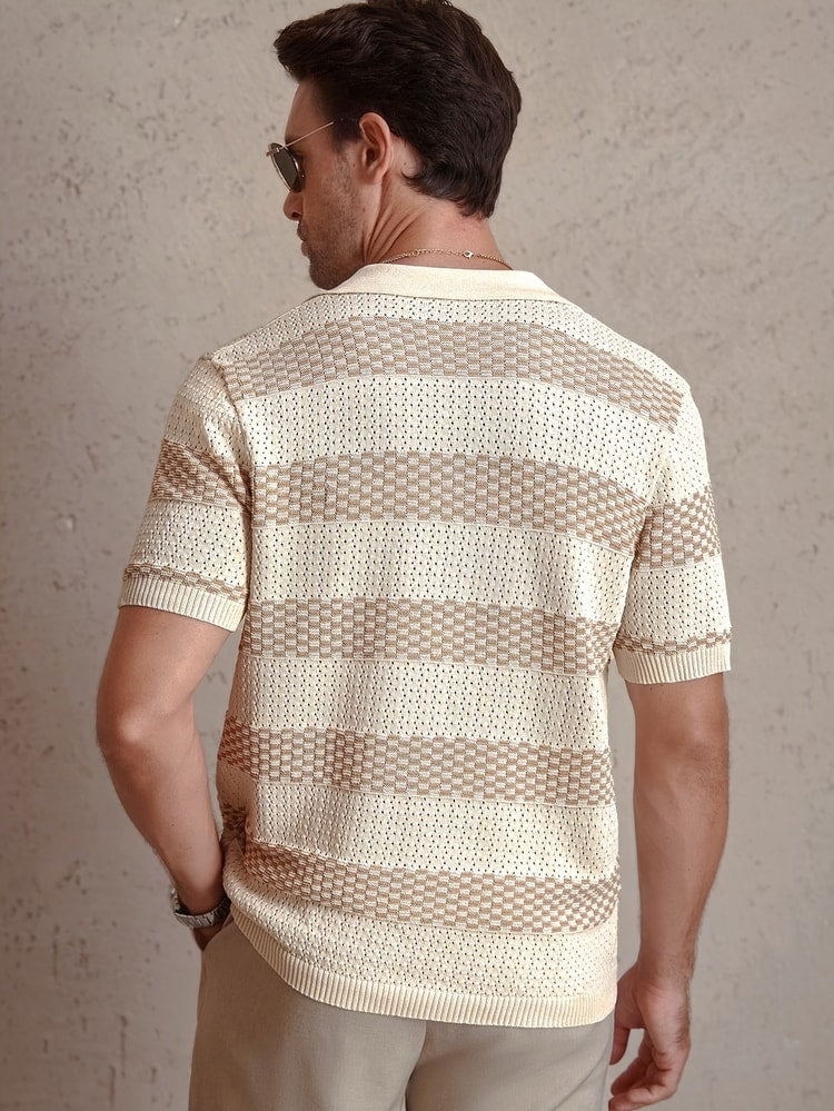 Men's Knitted Polo Shirt Vintage Striped Breathable Summer Pullover