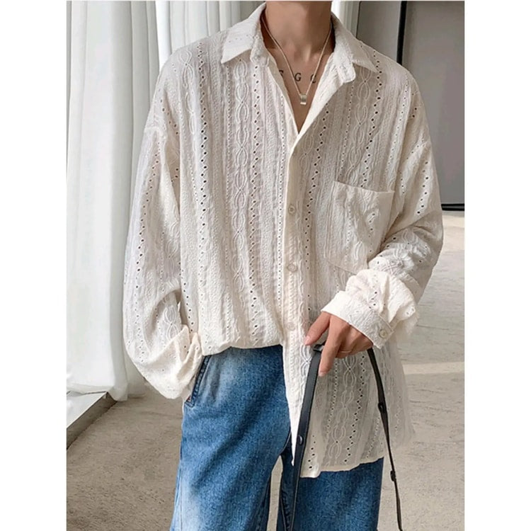 Men's Luxury Niche Shirt, Hollow Design Tweed Jacket, Trendy Loose Fit Long Sleeve Casual Vest