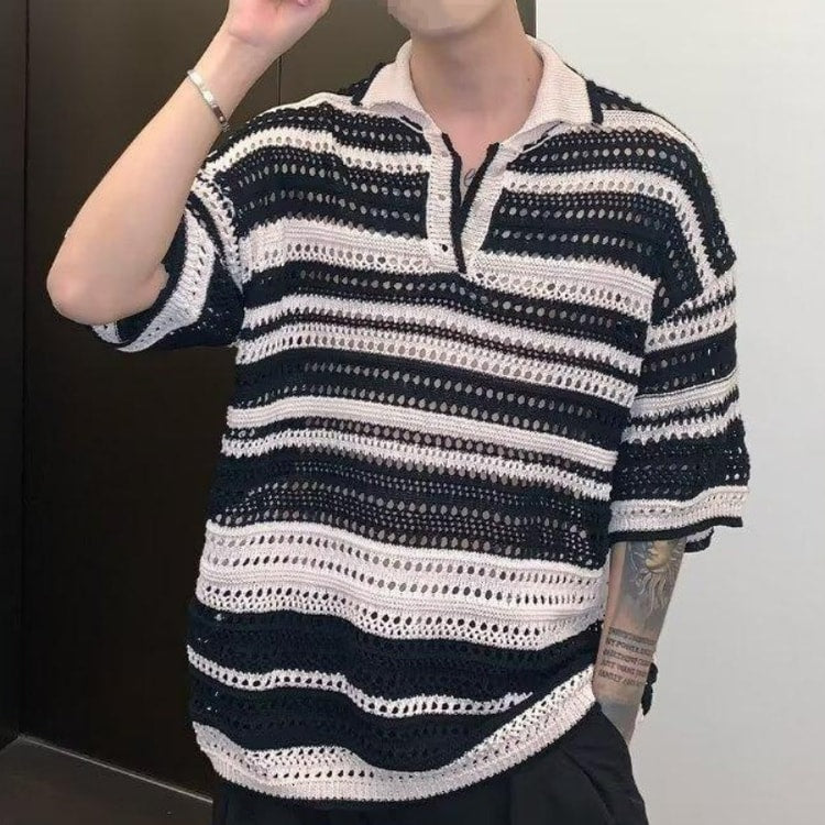 Men Knit Polo Shirt Lightweight Breathable Striped Summer Casual Beach Tee