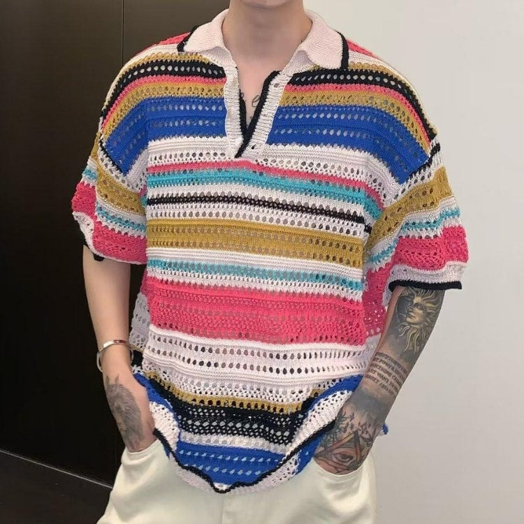 Men Knit Polo Shirt Lightweight Breathable Striped Summer Casual Beach Tee