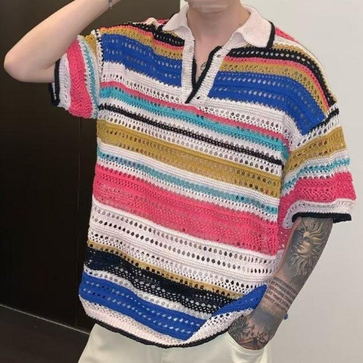 Men Knit Polo Shirt Lightweight Breathable Striped Summer Casual Beach Tee