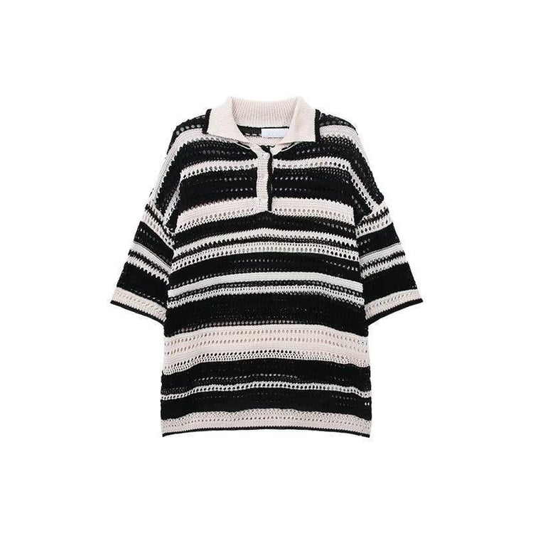 Men Knit Polo Shirt Lightweight Breathable Striped Summer Casual Beach Tee