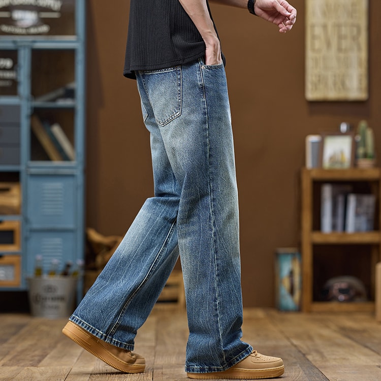 Streetwear Blue Flared Jeans Men Bootcut Denim Pants Full Length Bell-bottom Trousers American Style Male Fashion Fit
