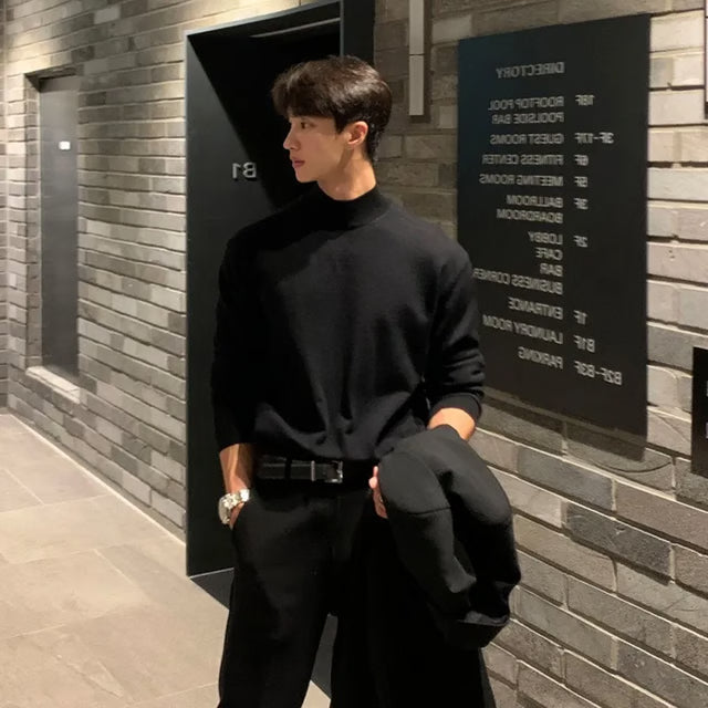 Men's Sweater, Half Polo Turtle Neck, Loose Fit Knit Top, Autumn Winter Base Layer