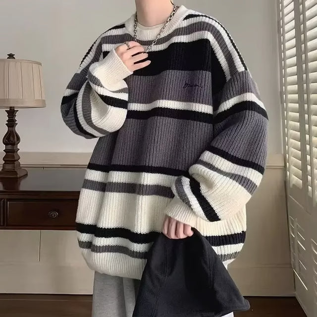 Vintage Idle Style Sweater, Color Block Striped Knitted Top, Niche Outerwear for Men, Autumn Winter Design