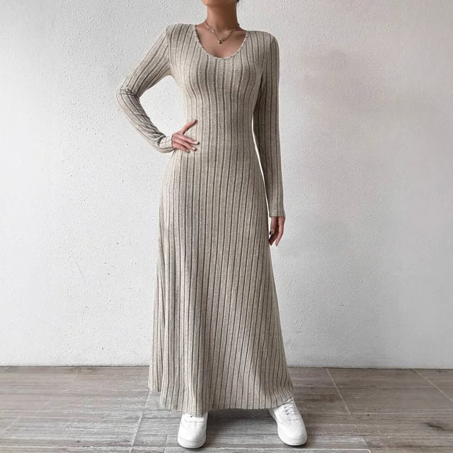 Elegant Knitted Long Sleeve Dress for Women – Slimming A-Line Dress Maxi Style