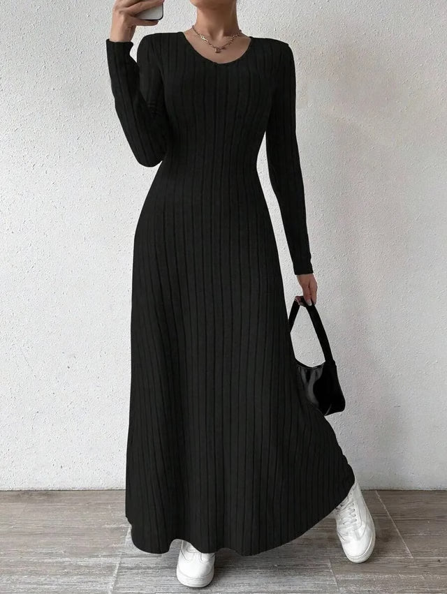 Elegant Knitted Long Sleeve Dress for Women – Slimming A-Line Dress Maxi Style