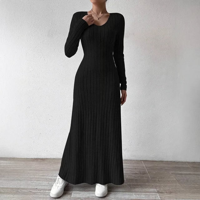 Elegant Knitted Long Sleeve Dress for Women – Slimming A-Line Dress Maxi Style