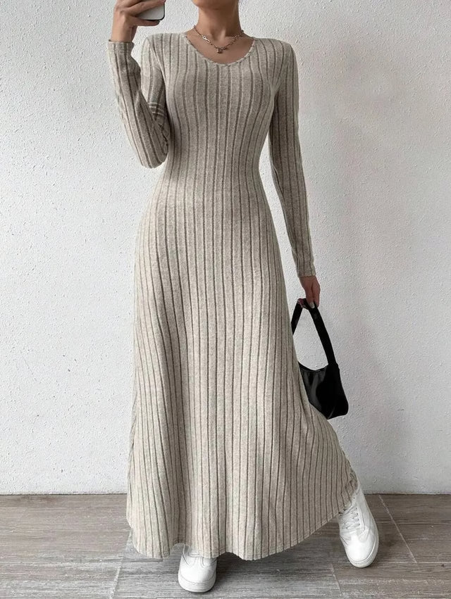 Elegant Knitted Long Sleeve Dress for Women – Slimming A-Line Dress Maxi Style