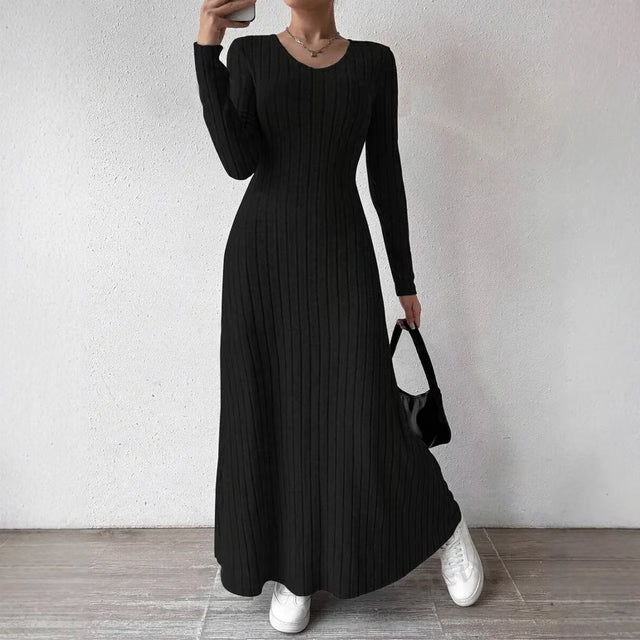 Elegant Knitted Long Sleeve Dress for Women – Slimming A-Line Dress Maxi Style