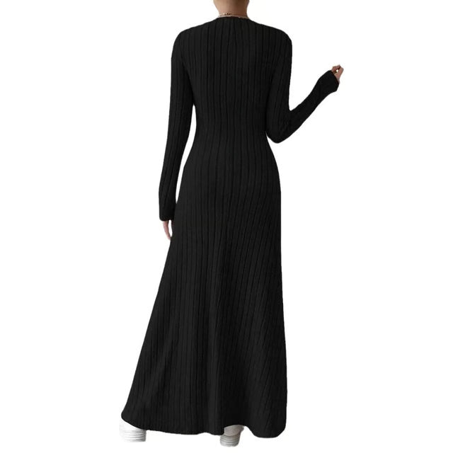 Elegant Knitted Long Sleeve Dress for Women – Slimming A-Line Dress Maxi Style