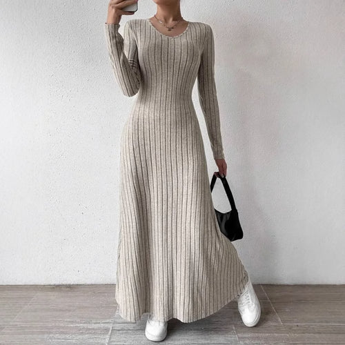 Elegant Knitted Long Sleeve Dress for Women – Slimming A-Line Dress Maxi Style