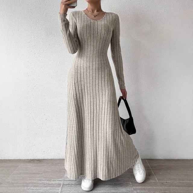 Elegant Knitted Long Sleeve Dress for Women – Slimming A-Line Dress Maxi Style