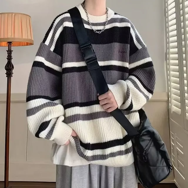 Vintage Idle Style Sweater, Color Block Striped Knitted Top, Niche Outerwear for Men, Autumn Winter Design